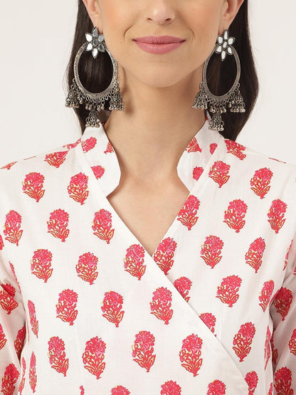 White and Red Floral Printed Angarakha Kurta -  world
