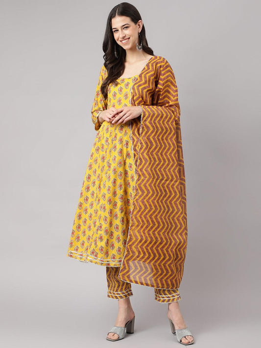  Yellow Cotton Anarkali Kurta Pant Set with Dupatta -  world