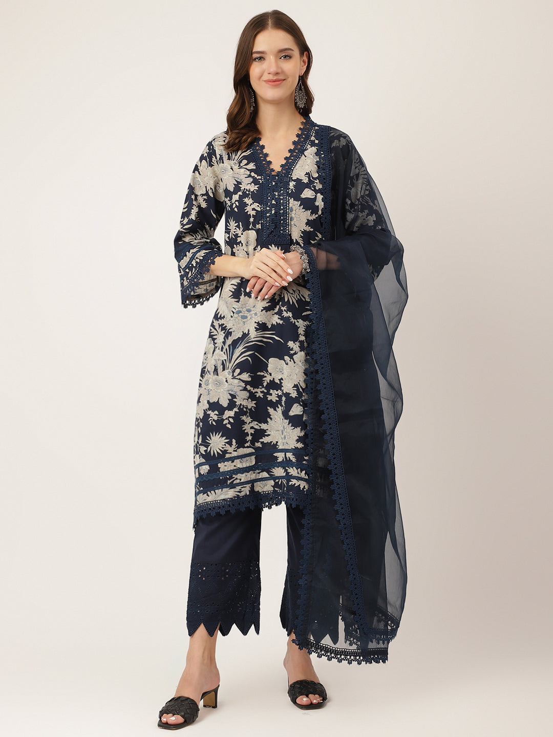 Navy Blue Floral Print Cotton Kurta Trouser With Dupatta