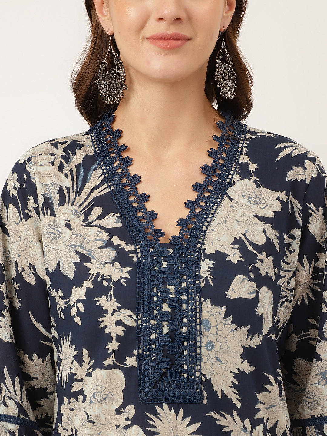 Navy Blue Floral Print Cotton Kurta Trouser With Dupatta