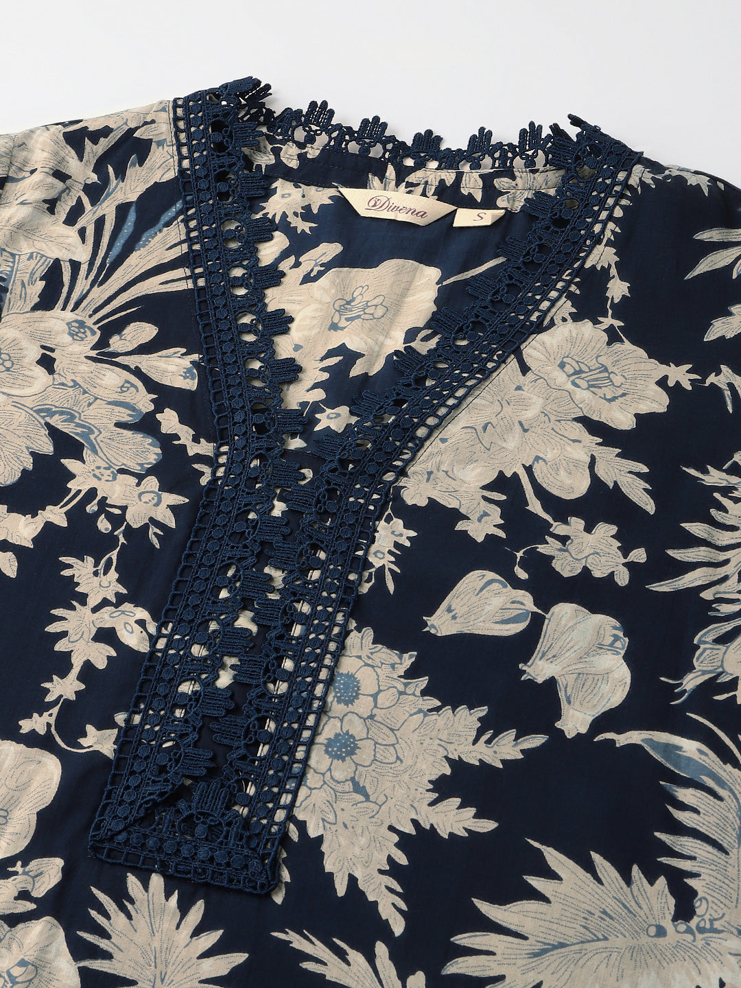 Navy Blue Floral Print Cotton Kurta Trouser With Dupatta