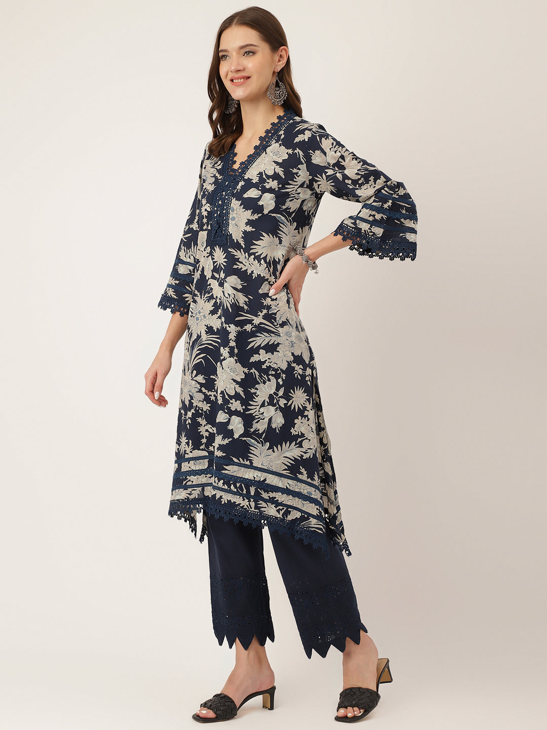 Navy Blue Floral Print Cotton Kurta Trouser With Dupatta
