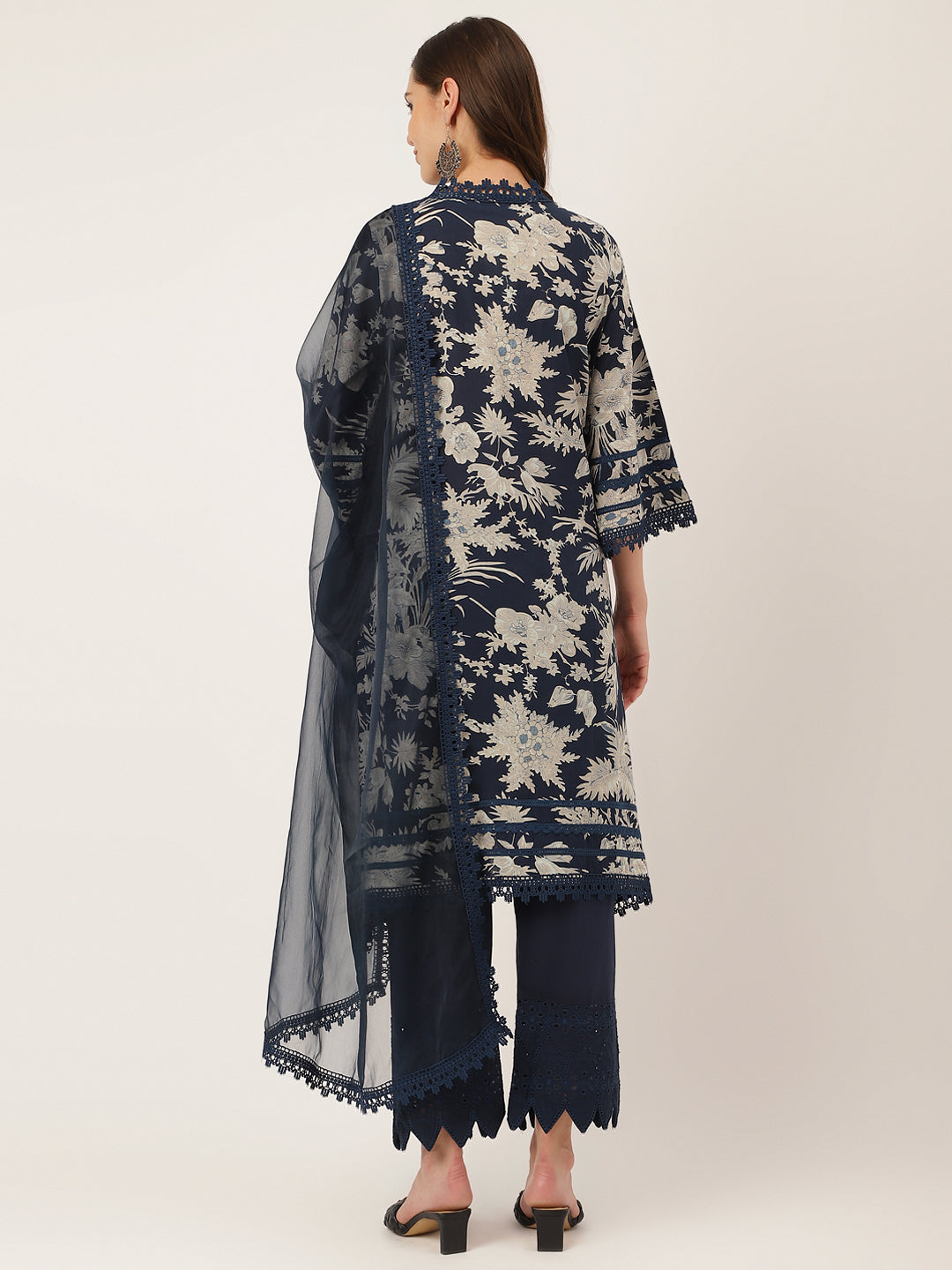 Navy Blue Floral Print Cotton Kurta Trouser With Dupatta