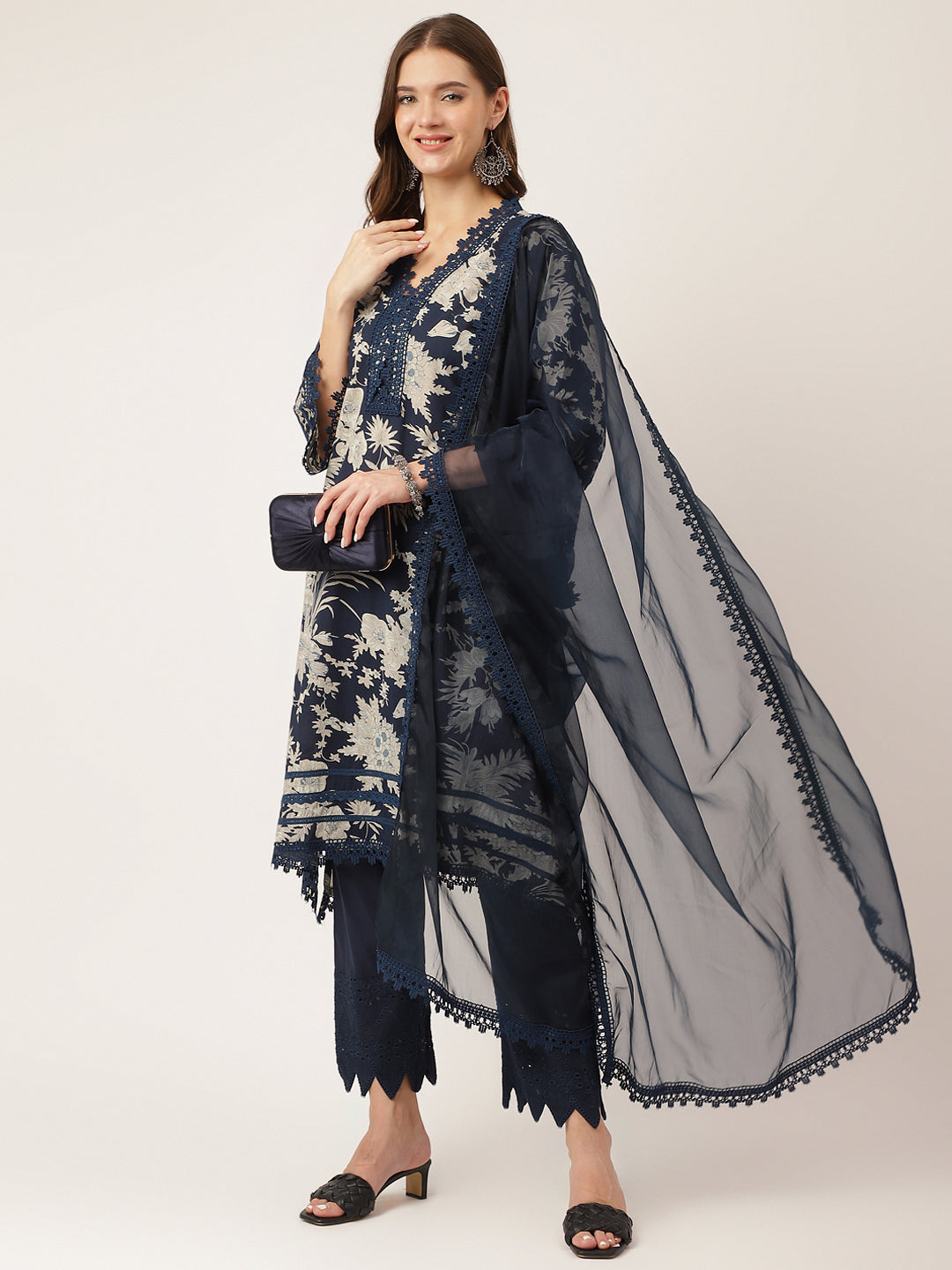 Navy Blue Floral Print Cotton Kurta Trouser With Dupatta