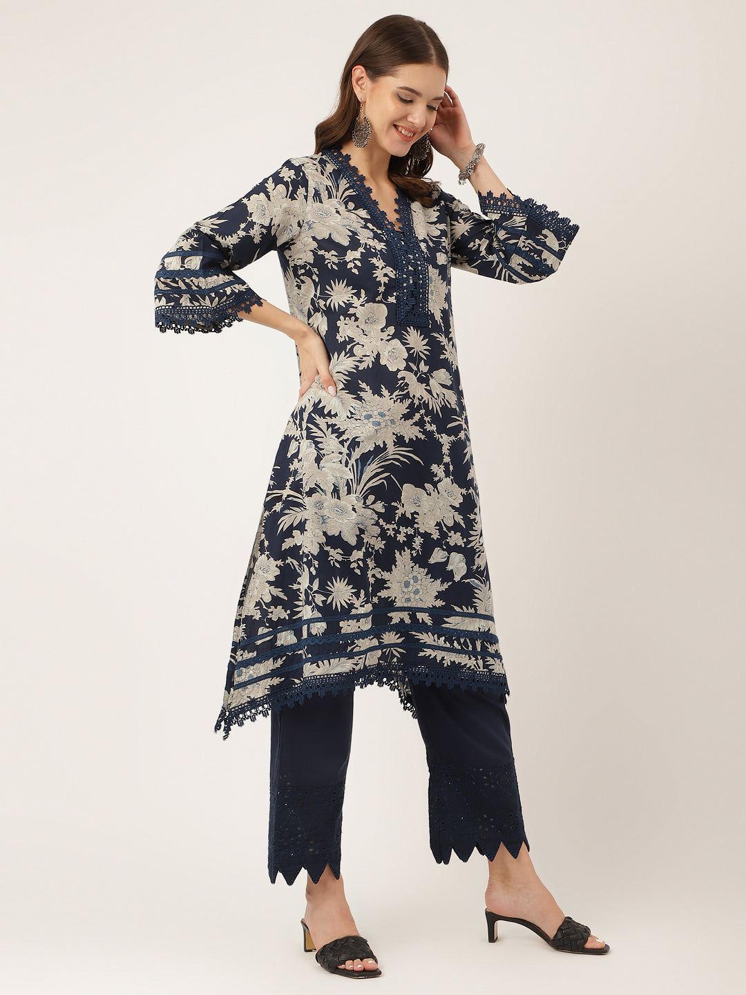 Navy Blue Floral Print Cotton Kurta Trouser With Dupatta