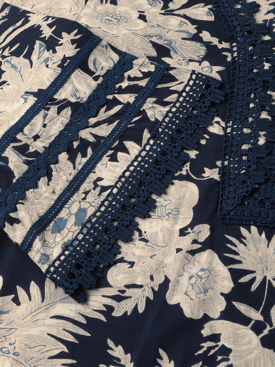 Navy Blue Floral Print Cotton Kurta Trouser With Dupatta