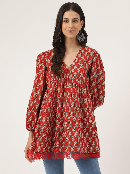  Red Floral Cotton Pemplum Style Top -  world