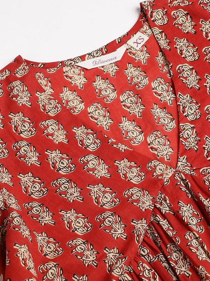  Red Floral Cotton Pemplum Style Top -  world