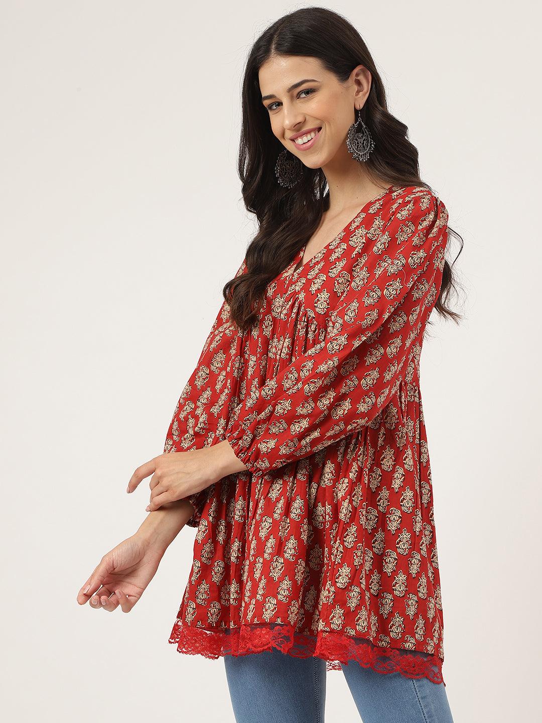  Red Floral Cotton Pemplum Style Top -  world