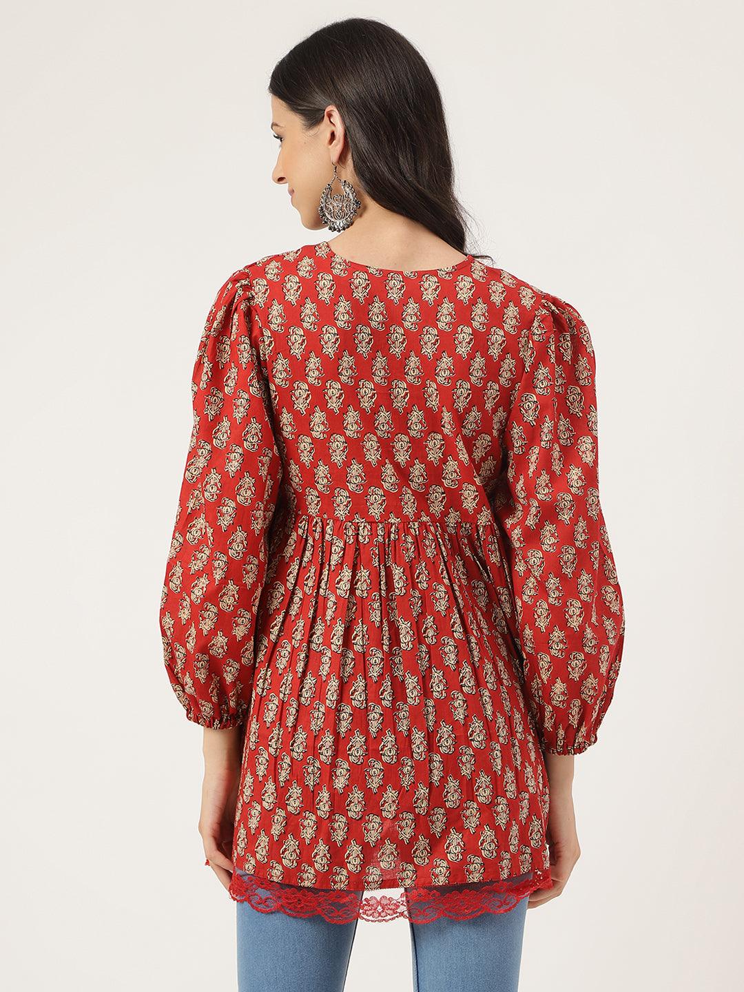  Red Floral Cotton Pemplum Style Top -  world