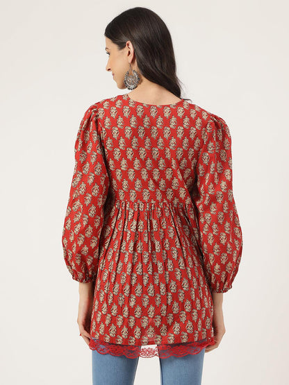  Red Floral Cotton Pemplum Style Top -  world