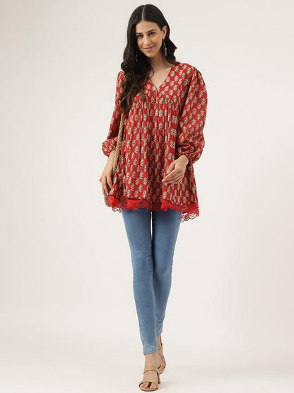  Red Floral Cotton Pemplum Style Top -  world