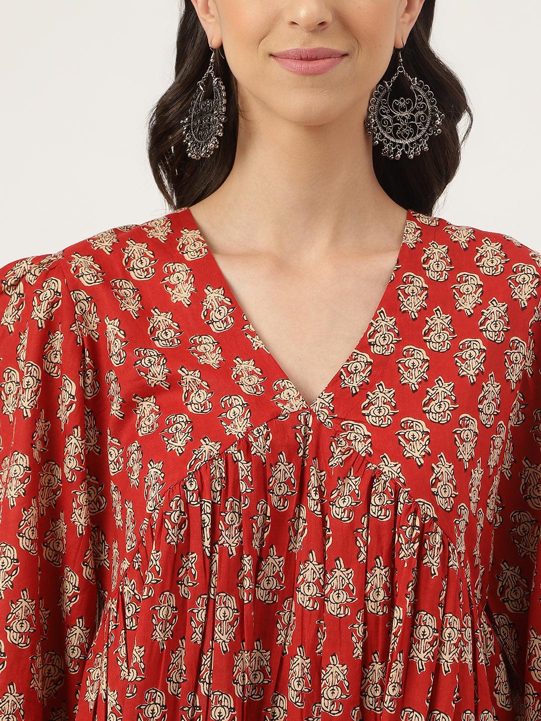  Red Floral Cotton Pemplum Style Top -  world