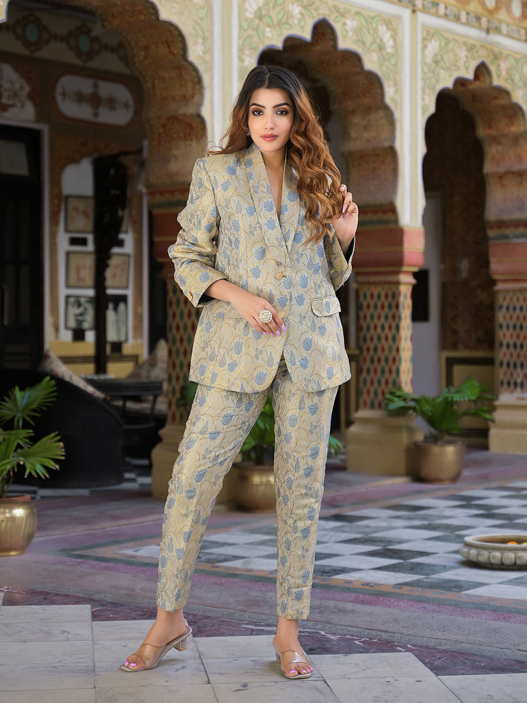 Golden Brocade Printed Coat with Pant
