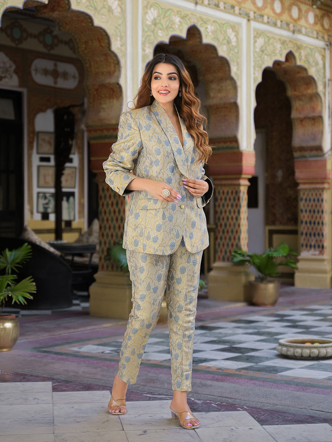 Golden Brocade Printed Coat with Pant