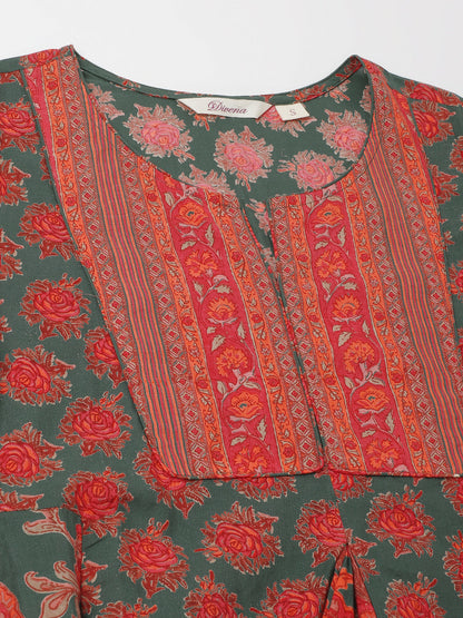 Green Floral Printed Flared Kurta Dress for Women