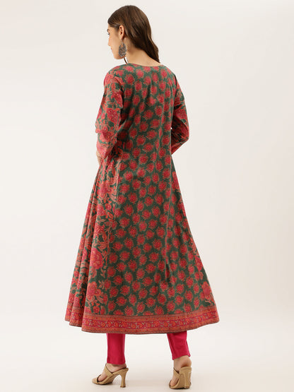Green Floral Printed Flared Kurta Dress for Women