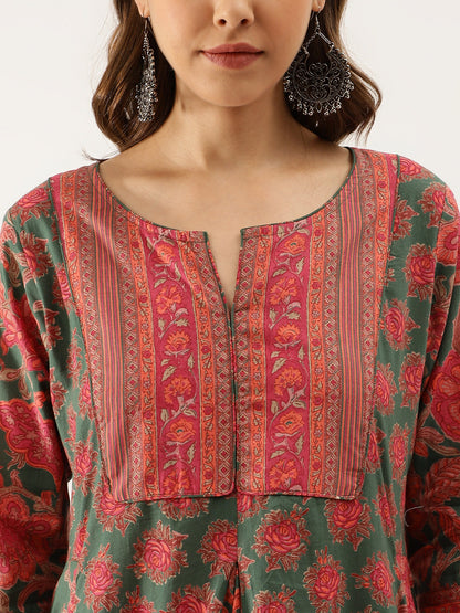 Green Floral Printed Flared Kurta Dress for Women