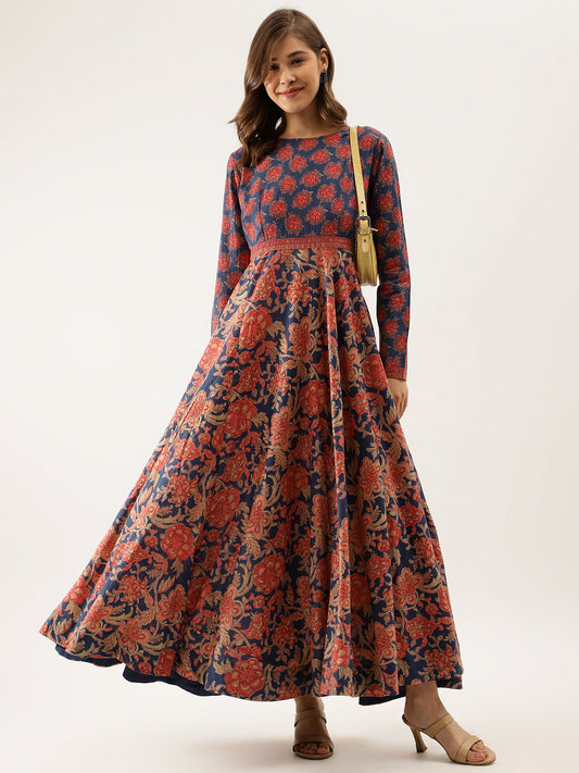 Blue Maroon Floral Printed Cotton Ethnic Long Kurta for Women
