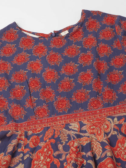 Blue Maroon Floral Printed Cotton Ethnic Long Kurta for Women