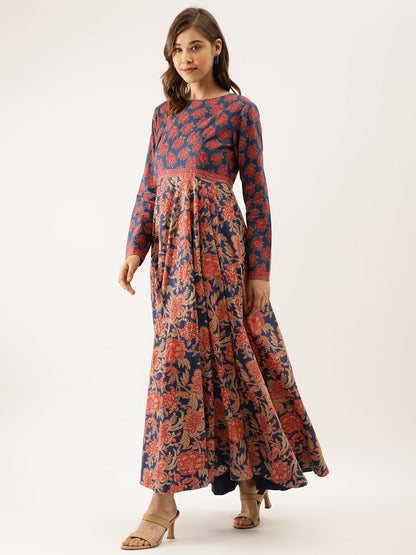 Blue Maroon Floral Printed Cotton Ethnic Long Kurta for Women