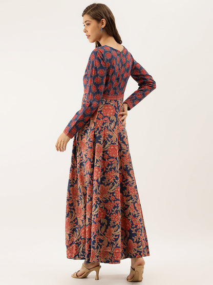 Blue Maroon Floral Printed Cotton Ethnic Long Kurta for Women