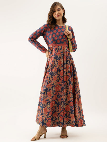 Blue Maroon Floral Printed Cotton Ethnic Long Kurta for Women
