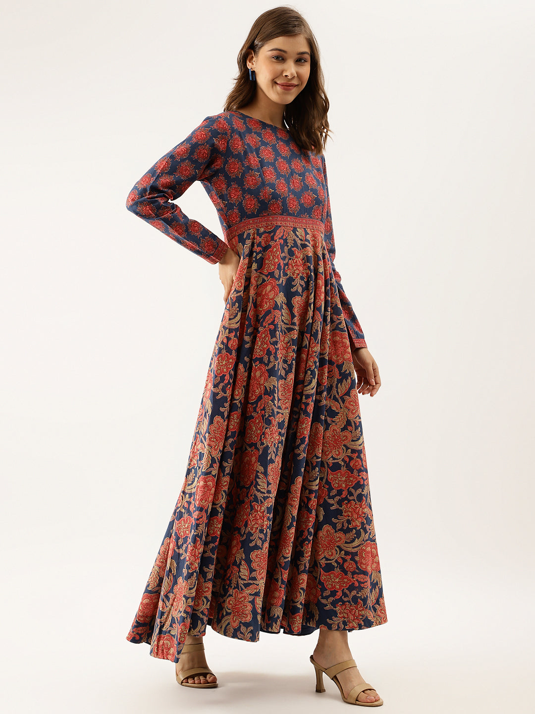 Blue Maroon Floral Printed Cotton Ethnic Long Kurta for Women