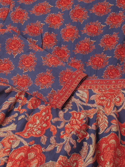 Blue Maroon Floral Printed Cotton Ethnic Long Kurta for Women