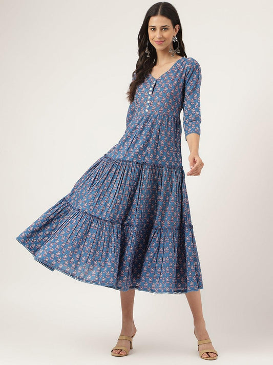  Blue Floral Printed Long dress -  world