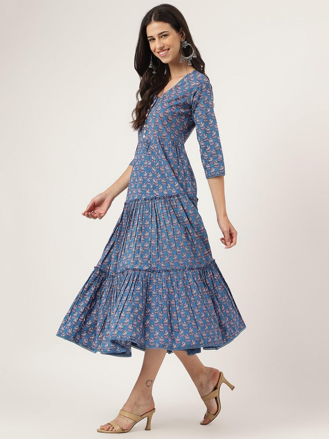  Blue Floral Printed Long dress -  world