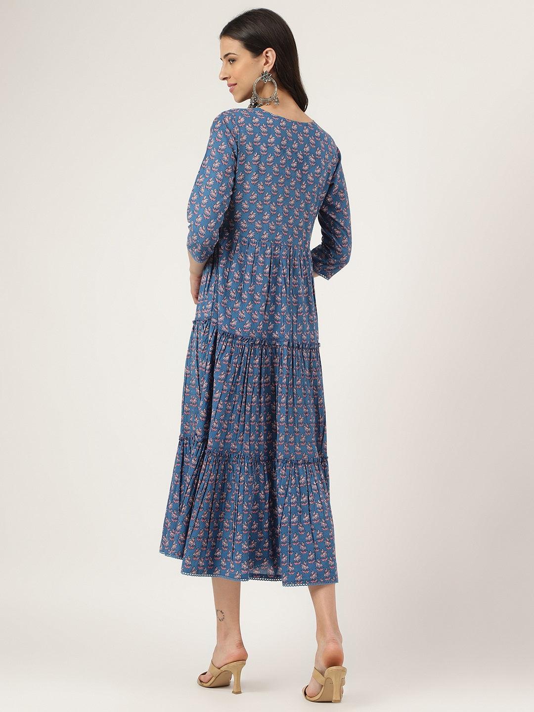  Blue Floral Printed Long dress -  world