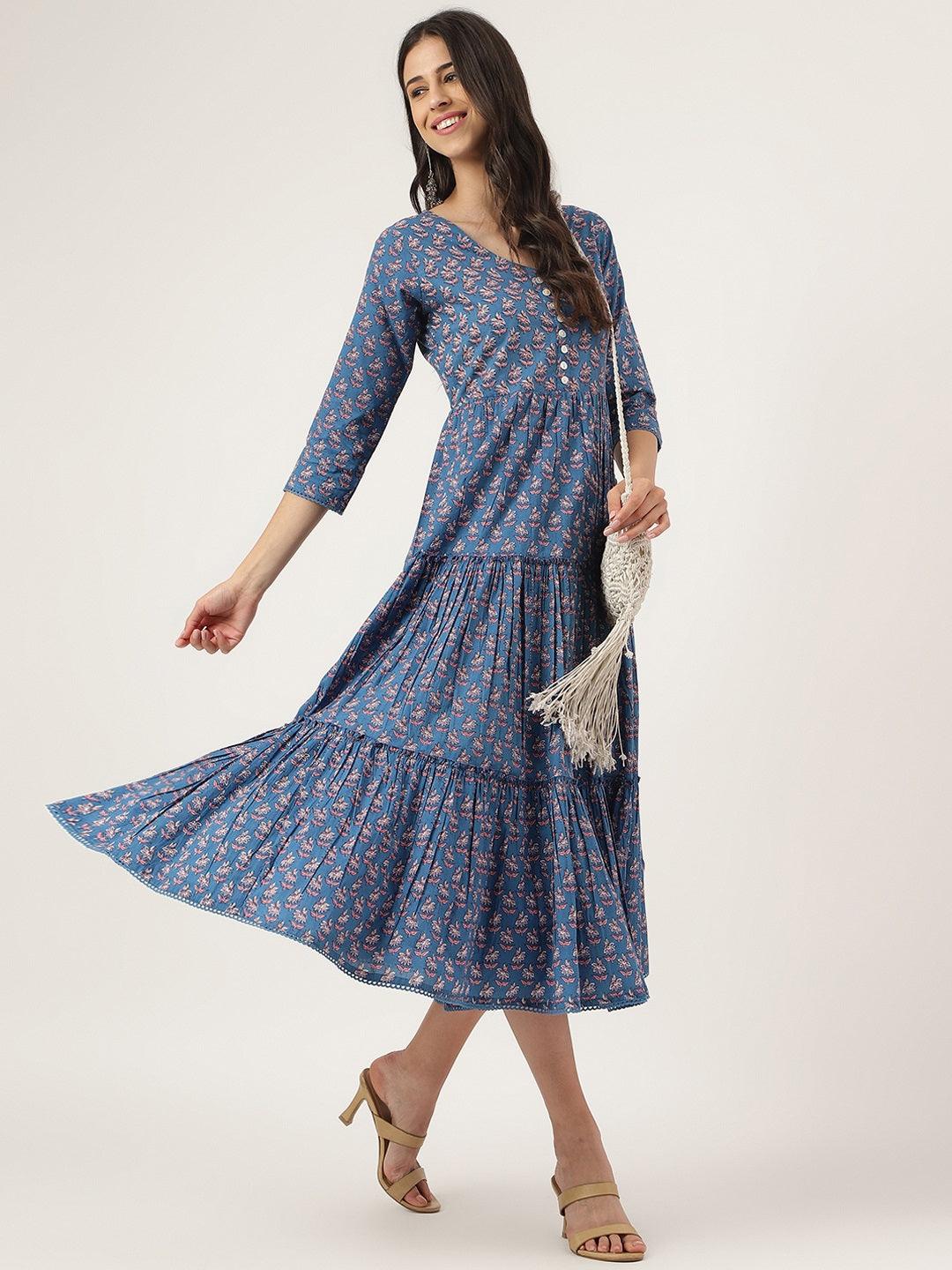  Blue Floral Printed Long dress -  world