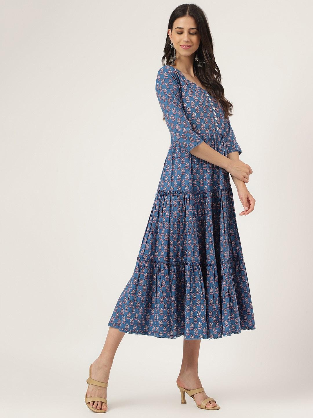  Blue Floral Printed Long dress -  world