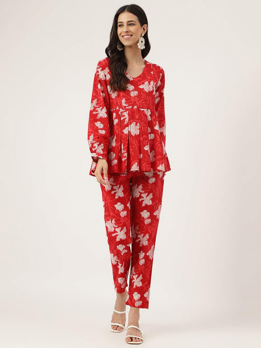  Red Cotton Peplum Top Pant Co-ords Sets -  world