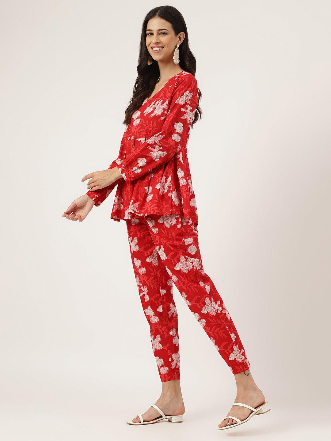  Red Cotton Peplum Top Pant Co-ords Sets -  world