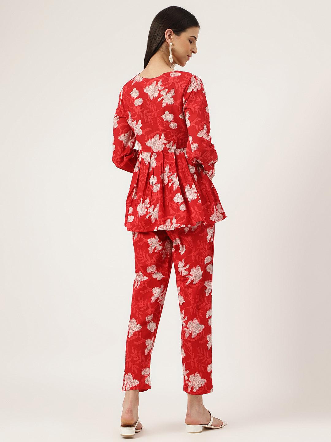  Red Cotton Peplum Top Pant Co-ords Sets -  world