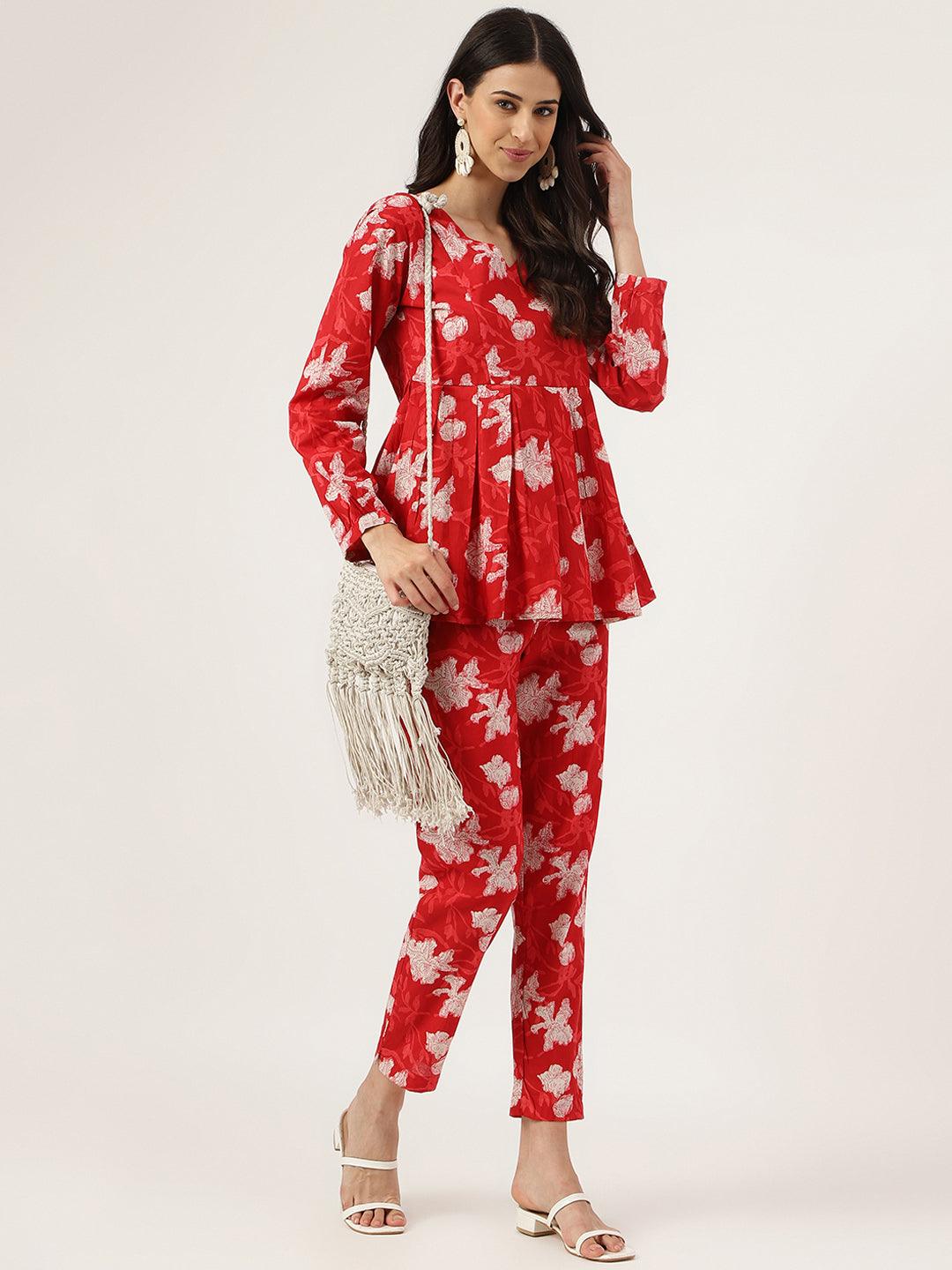  Red Cotton Peplum Top Pant Co-ords Sets -  world
