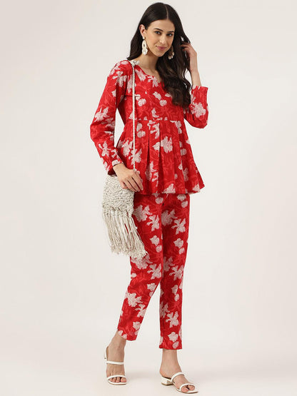  Red Cotton Peplum Top Pant Co-ords Sets -  world