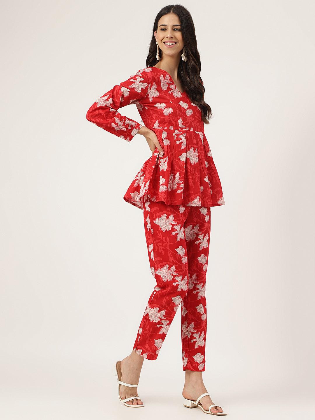  Red Cotton Peplum Top Pant Co-ords Sets -  world