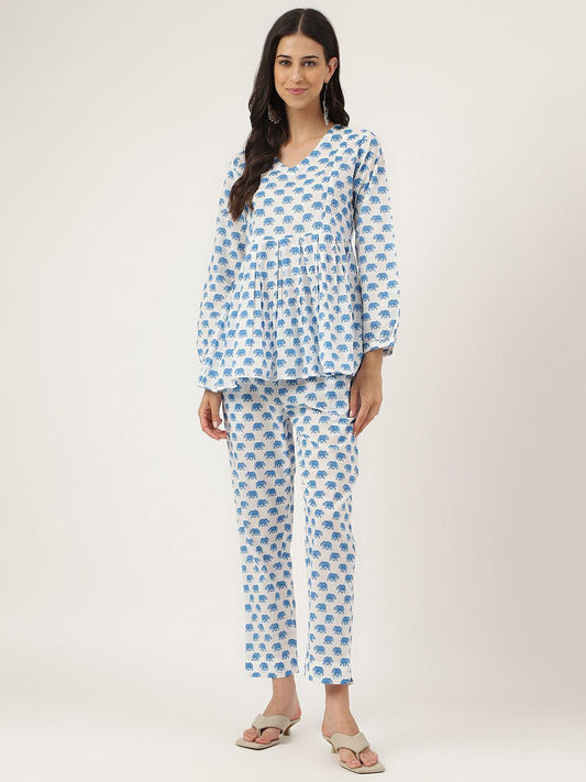  White Animal Printed Cotton Peplum Top Pant Co-ords Sets -  world