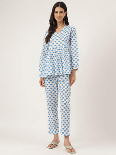 White Animal Printed Cotton Peplum Top Pant Co-ords Sets