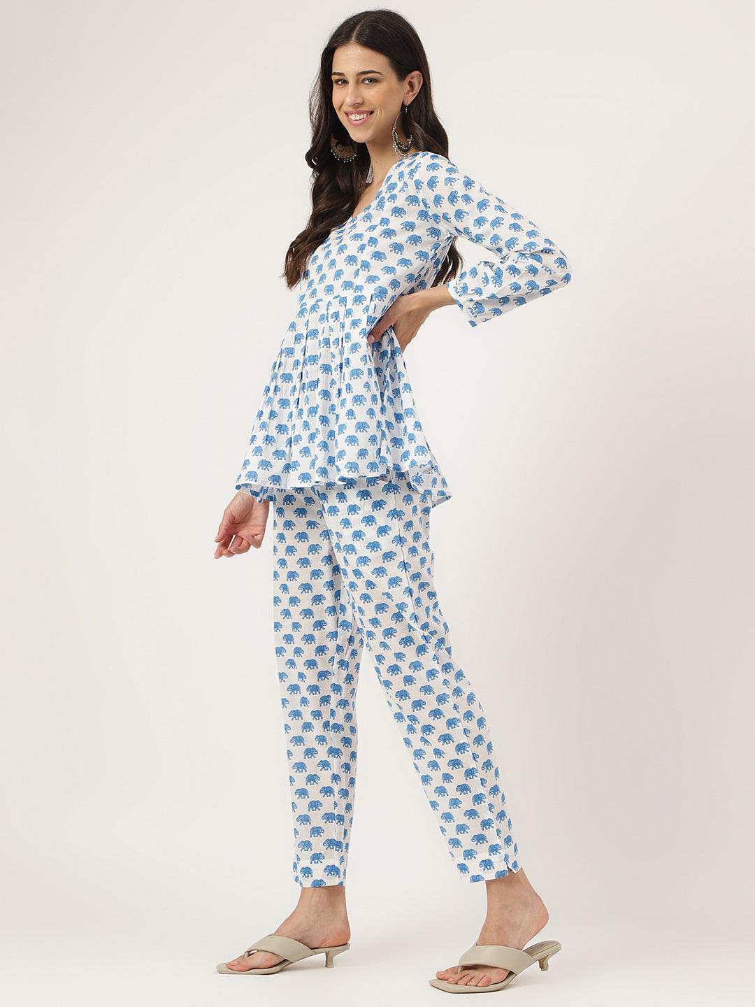  White Animal Printed Cotton Peplum Top Pant Co-ords Sets -  world