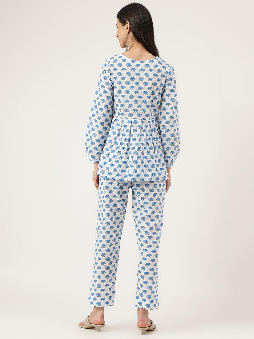  White Animal Printed Cotton Peplum Top Pant Co-ords Sets -  world