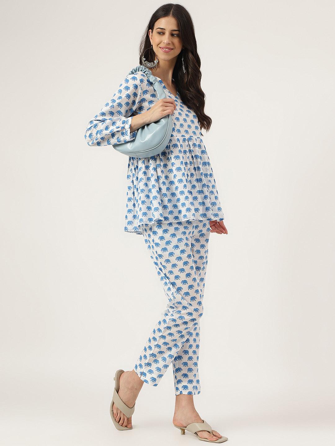  White Animal Printed Cotton Peplum Top Pant Co-ords Sets -  world