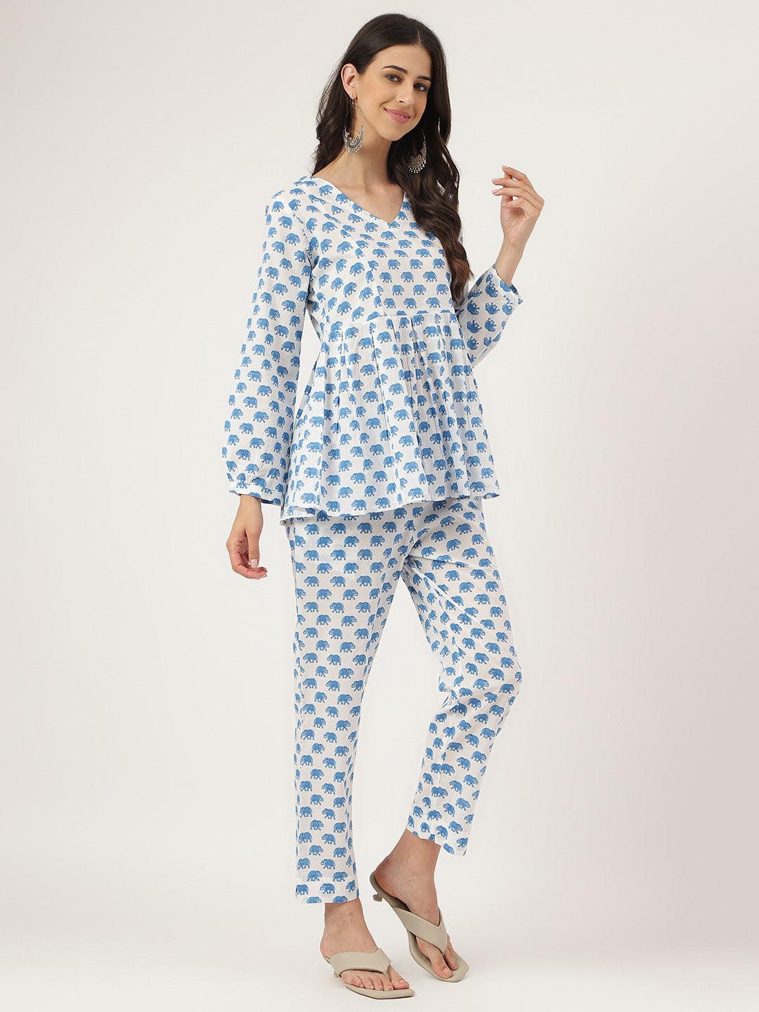  White Animal Printed Cotton Peplum Top Pant Co-ords Sets -  world