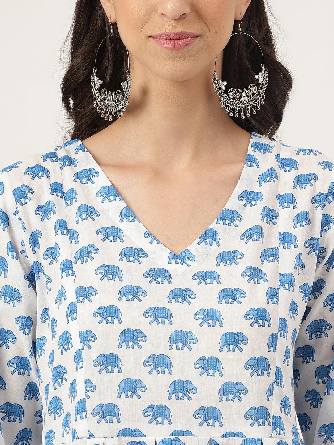  White Animal Printed Cotton Peplum Top Pant Co-ords Sets -  world