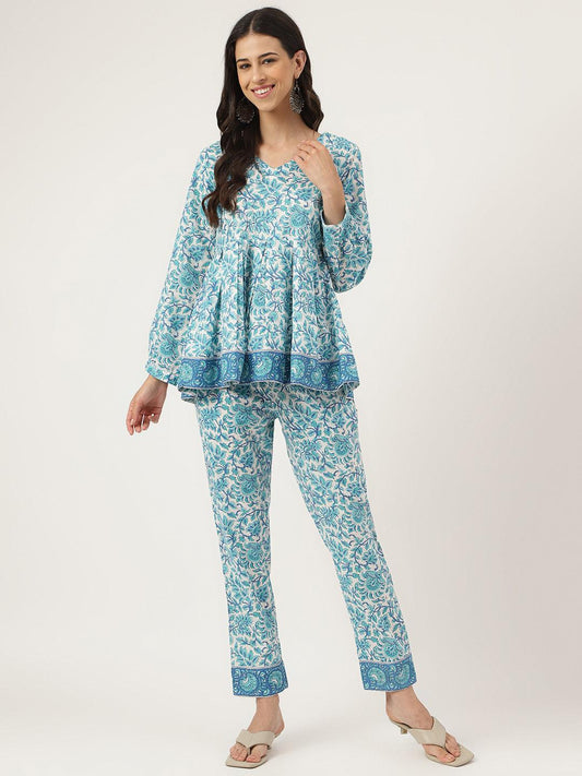  White Floral Printed Cotton Peplum Top Pant Co-ords Sets -  world