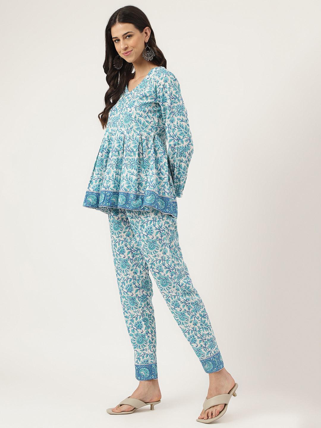  White Floral Printed Cotton Peplum Top Pant Co-ords Sets -  world