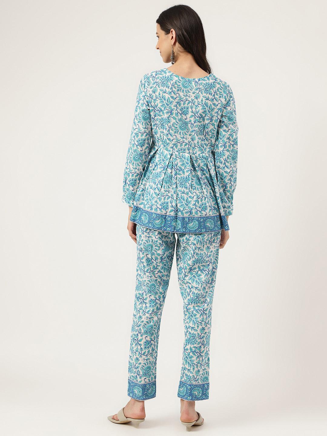  White Floral Printed Cotton Peplum Top Pant Co-ords Sets -  world
